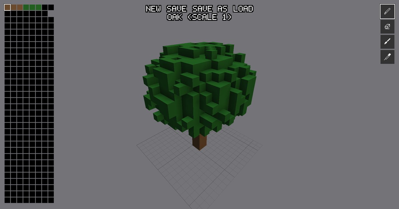 The Object Creator with a blocky voxel oak open on a grid. A colour palette runs down the left, four tool buttons sit on the right, and the menu across the top reads New, Save, Save As, Load, with Oak (scale 1) below it.