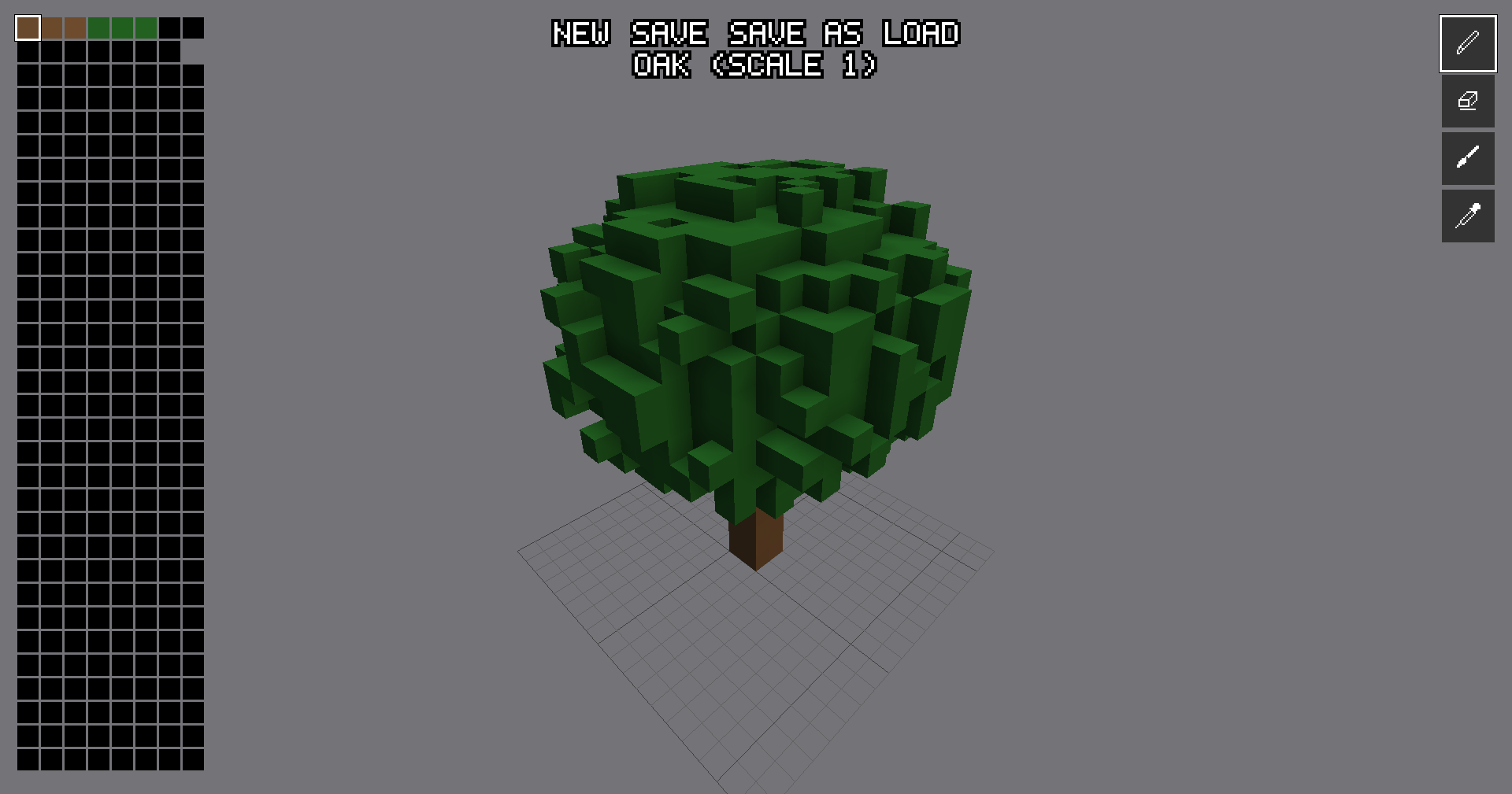 The Object Creator with a blocky voxel oak open on a grid. A colour palette runs down the left, four tool buttons sit on the right, and the menu across the top reads New, Save, Save As, Load, with Oak (scale 1) below it.