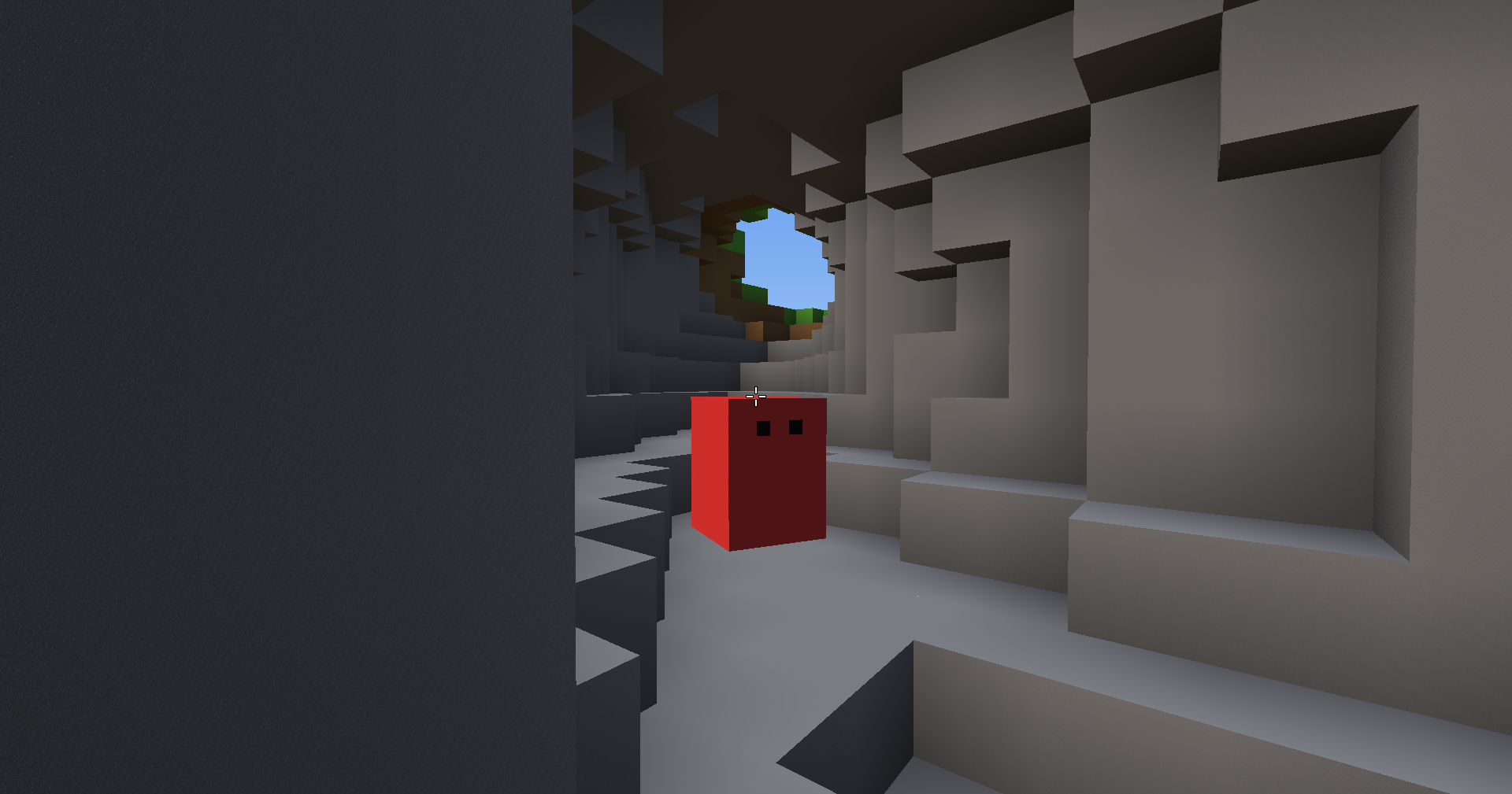 Inside a grey stone tunnel, the player stands on the floor while daylight and grass show through an opening in the ceiling ahead.