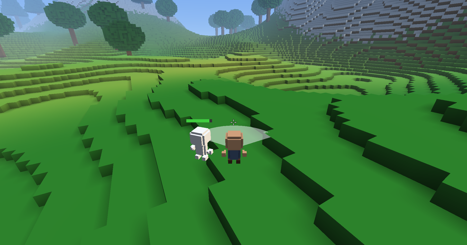 Seen from behind, the player swings at a wanderer beside them: a pale fan shows the swing, the wanderer flashes white from the hit, and a health bar floats over its head.