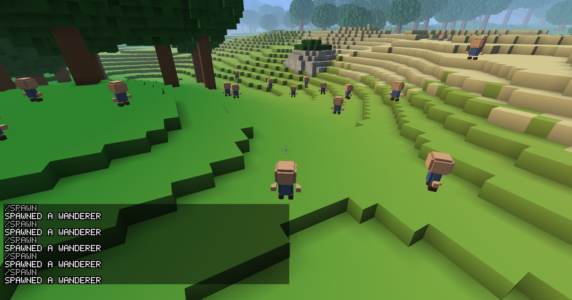 The player stands on a grassy slope with a crowd of wanderers spread across the terraces and sand around them, a mossy boulder in the distance, and the chat at bottom left listing several /spawn commands, each answered Spawned a wanderer.