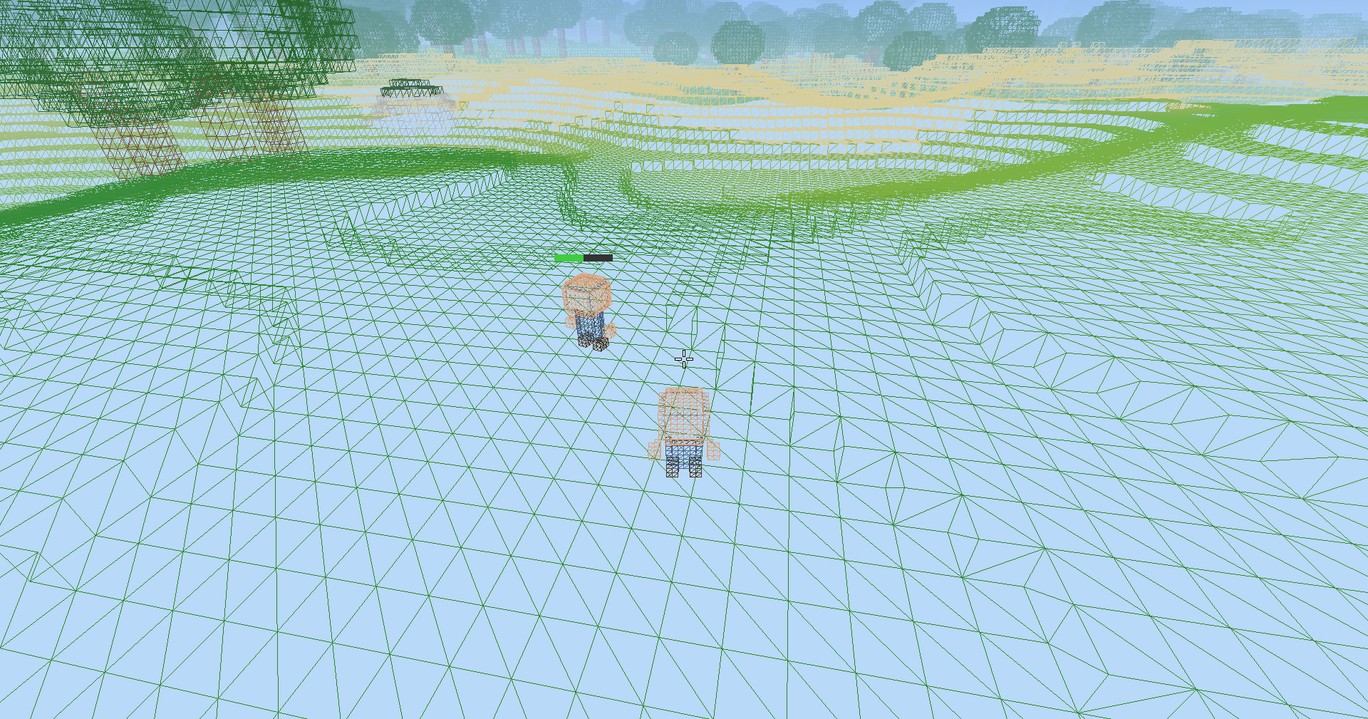The wireframe view: the land drawn as green lines, every block face its own square split into two triangles, with the player and a wanderer outlined in their own colours and trees and sand in the distance.