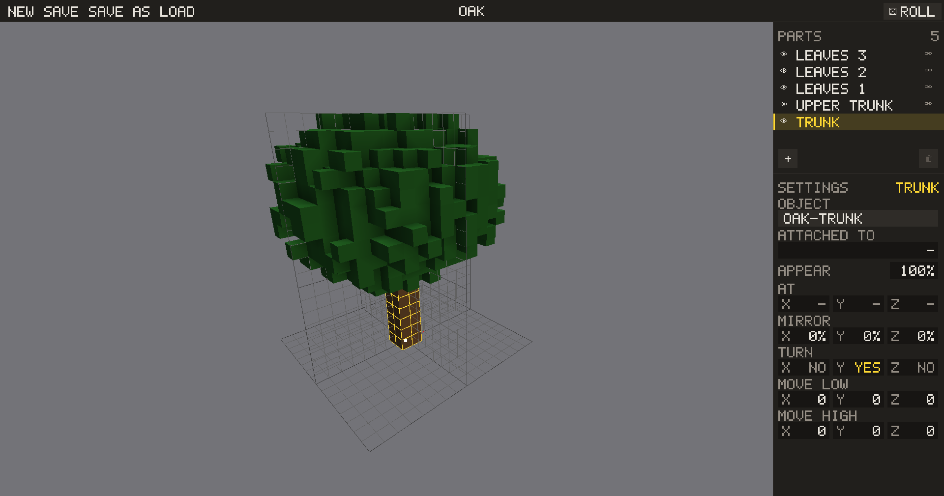 The Object Creator in Body mode with the oak open: the tree in the middle with its trunk outlined in yellow, and on the right a list of its parts, bands of leaves, an upper trunk and the selected trunk, above that part's settings.