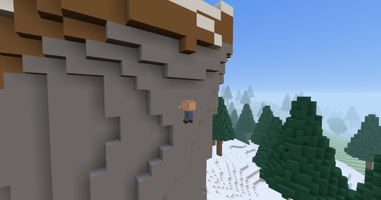 The player clings to a tall grey cliff face, facing the rock, with snow and dark pines far below.