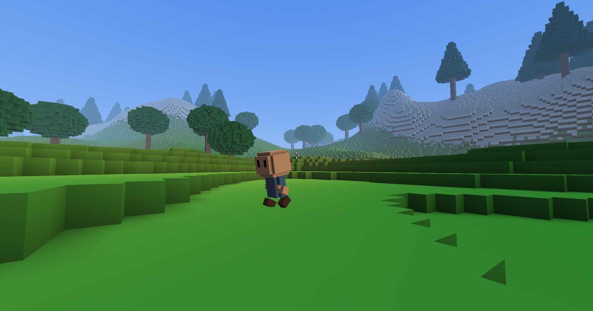 The player runs toward the camera across a grassy hollow, one foot forward and one back, leaning into the stride, with round oaks and snowy pine hills behind.