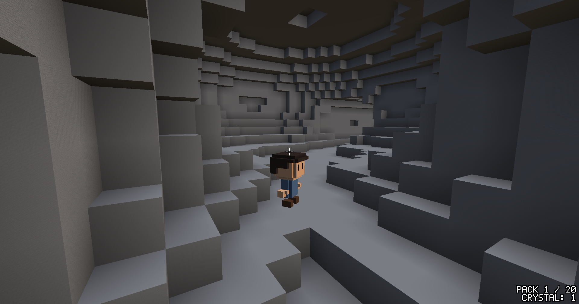 The same cave with the crystal gone, and in the corner of the screen the pack's list now showing one crystal.