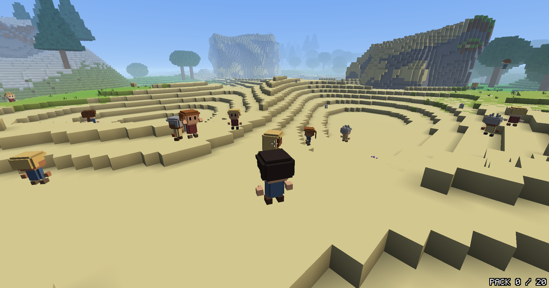 The player stands among wanderers on sandy terraces, each with different hair and clothes: a red-haired figure in a red shirt, a blond one, a grey spiky-haired one, a brown ponytail. Cliffs and pines rise behind.