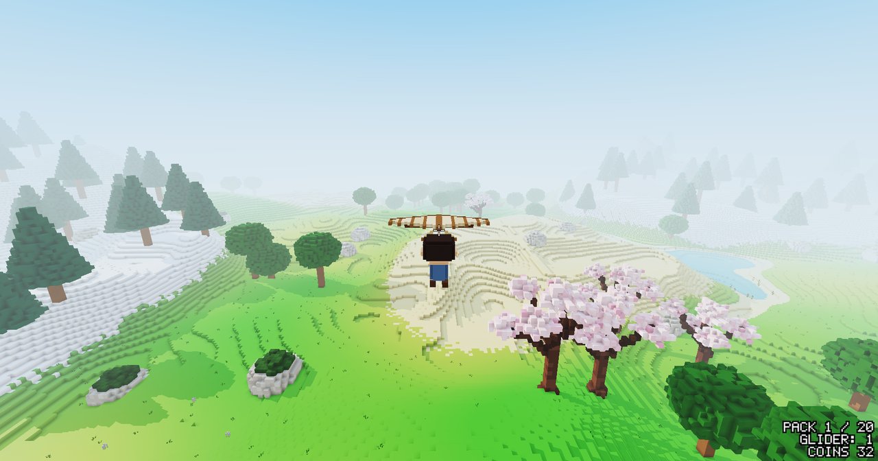 The player seen from behind, gliding under an open striped glider high above green hills, with sakura trees, mossy boulders, sandy terraces and a lake below and snowy pine slopes fading into the haze.