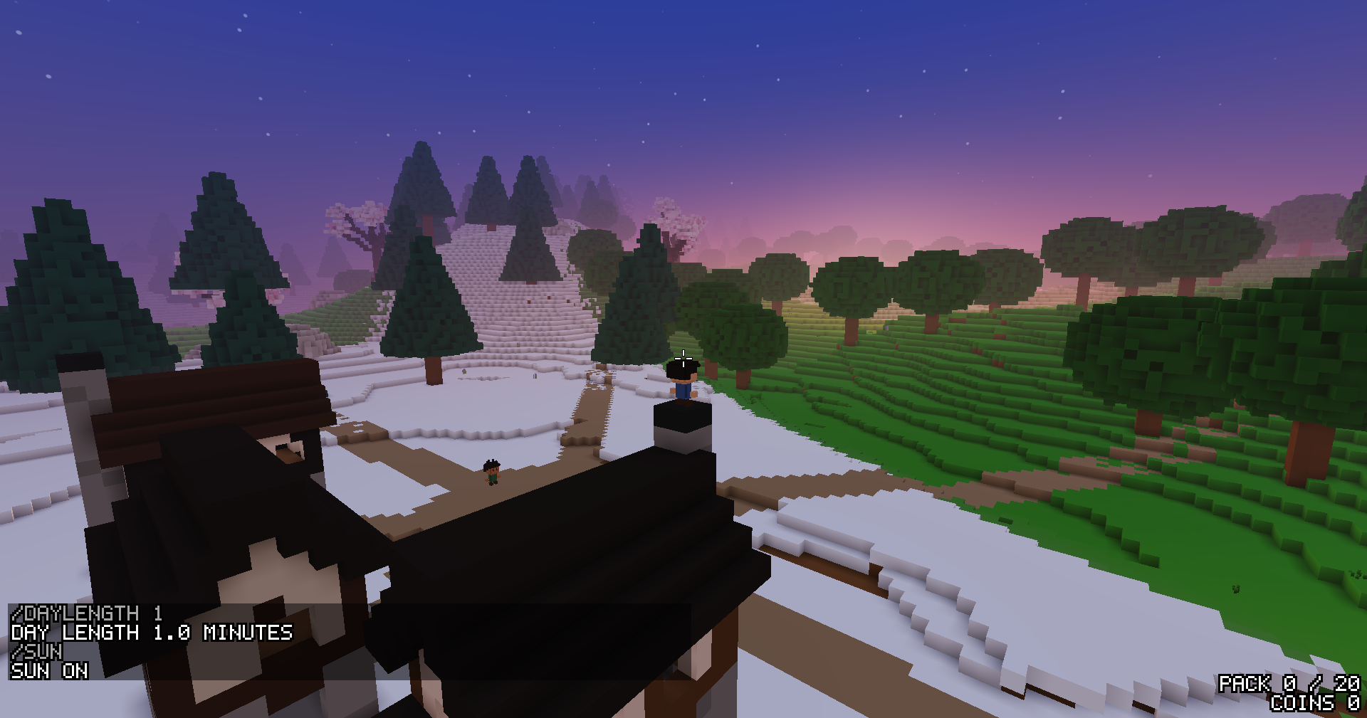 Dusk over a snowy town and green hills: a deep blue sky with the first stars, a pink glow along the horizon, the land dimming.