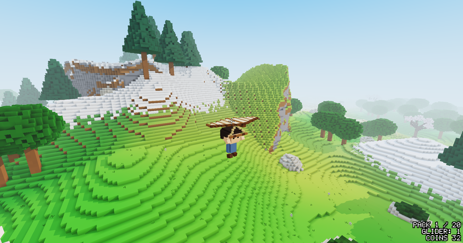 The player gliding close to the camera over green terraced slopes, with a pale cliff face, snowy ground and pines behind.