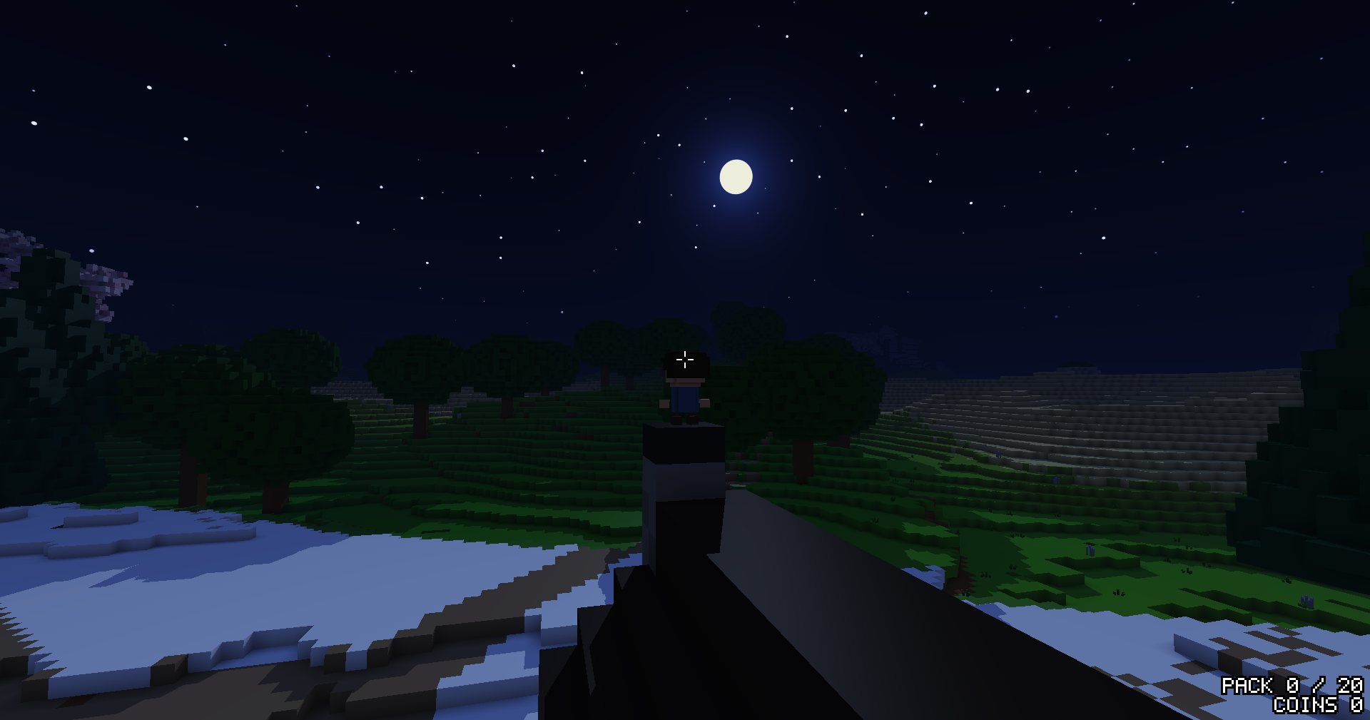 Night over snowy hills: a full moon and stars in a dark sky, the trees black, the snow lit a pale blue.