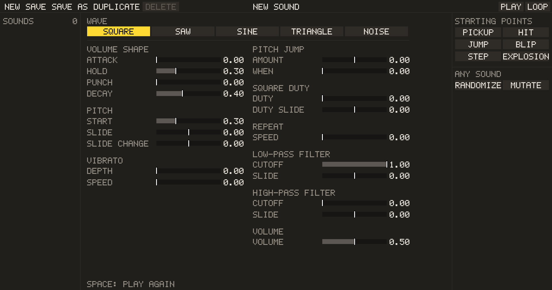 The Sound Maker: wave buttons across the top with Square selected, sliders for the volume shape, pitch, vibrato, pitch jump, square duty, repeat, filters and volume, and starting points on the right: pickup, hit, jump, blip, step and explosion, with Randomize and Mutate.