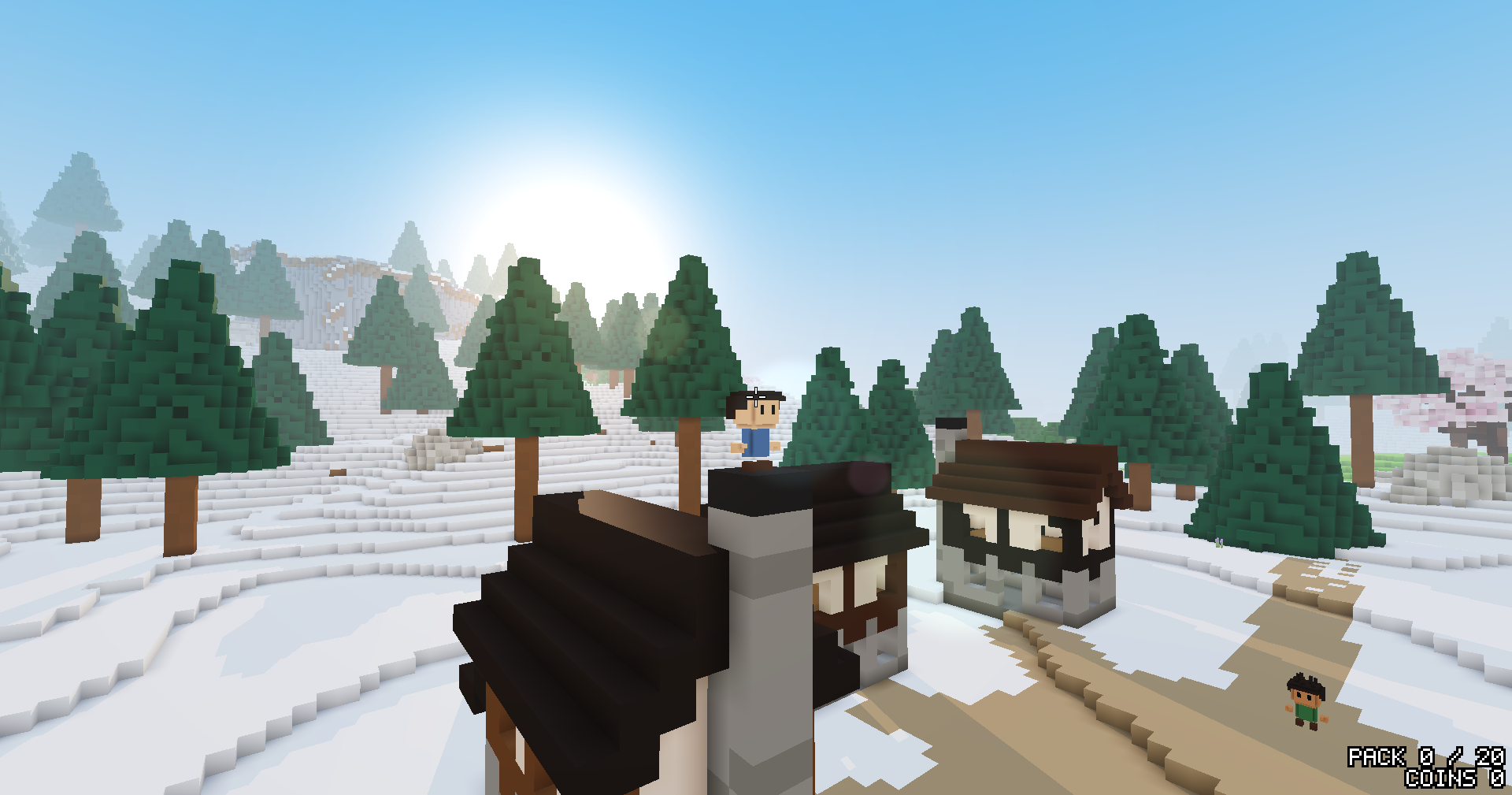 A small town in the snow under a bright sun: two houses, a dirt path and a villager, with pine woods behind fading into haze on a far hill.