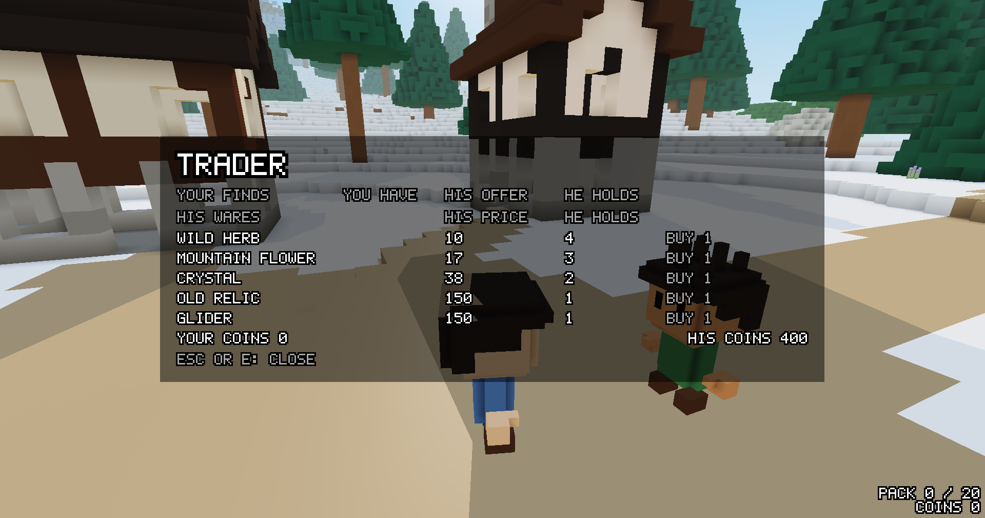 The trade screen open beside the trader in a town square: his wares, herbs, flowers, a crystal, a relic and a glider, each with his price, how many he holds and a buy button, with your purse empty and his full.