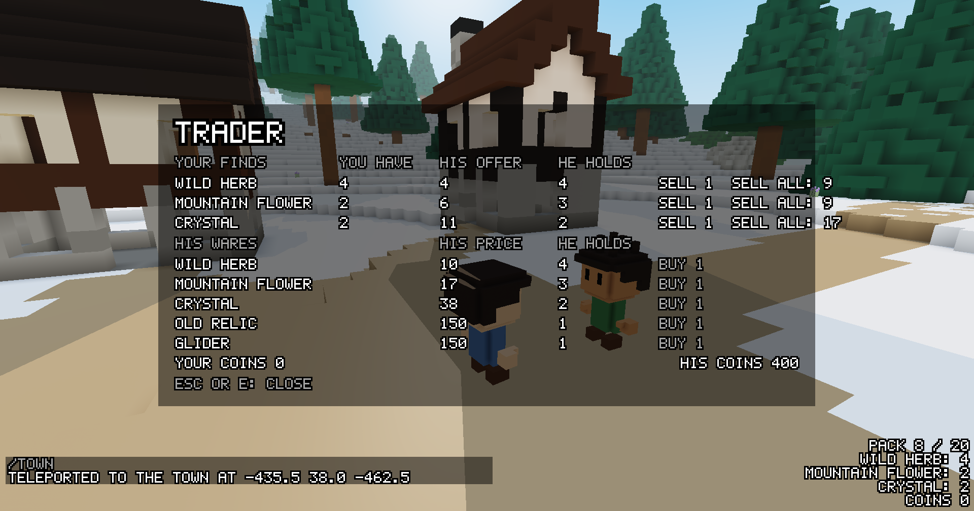 The trade screen open in a snowy town square in front of the trader: your finds listed with his offer, how many he holds and buttons to sell one or all, his wares below with his prices, and both purses. A chat line at the bottom left reports a teleport.