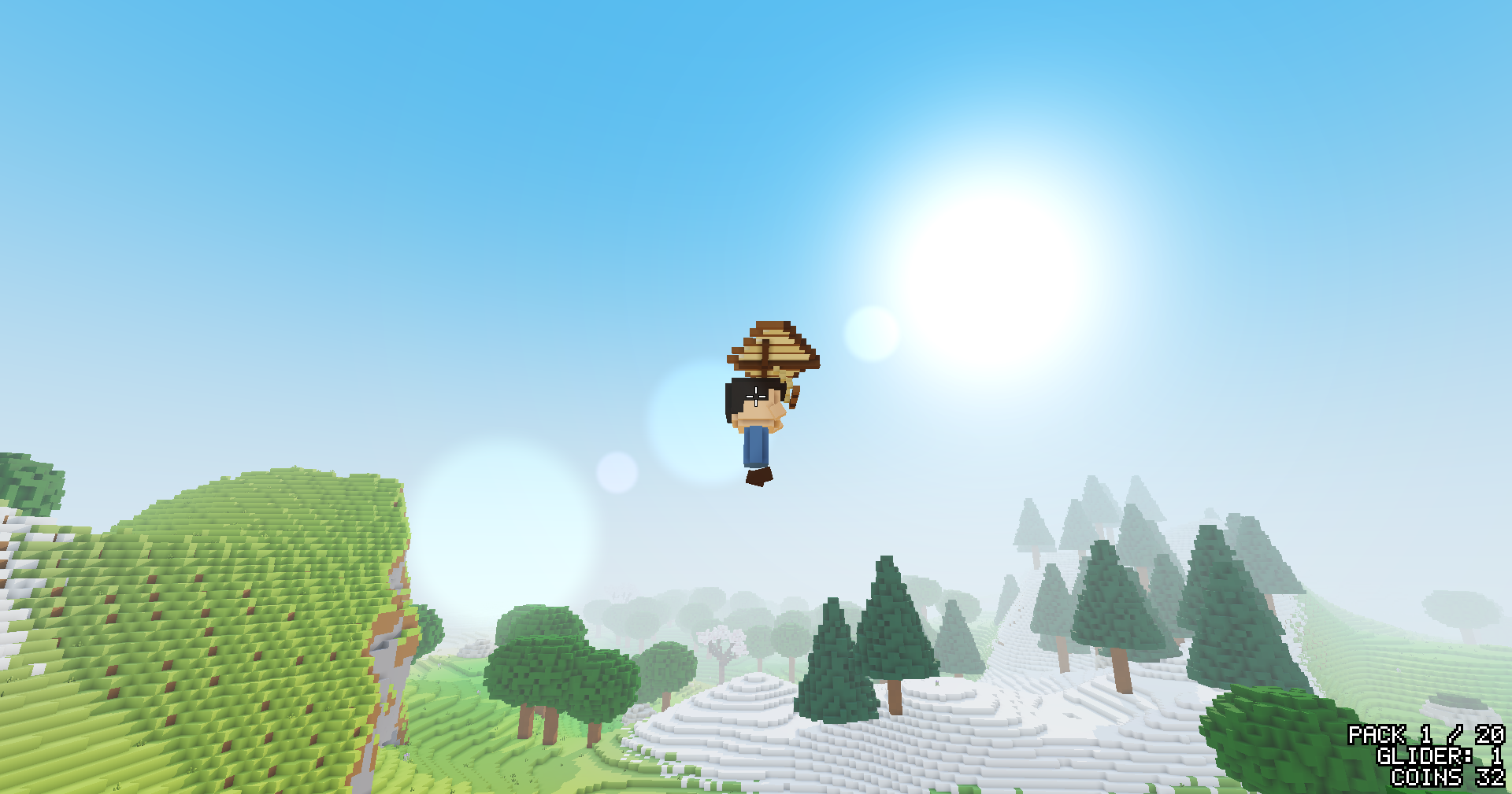 The player gliding high under the glider beside a bright sun, over green hills and a pale cliff, with pines and snow in the haze below.