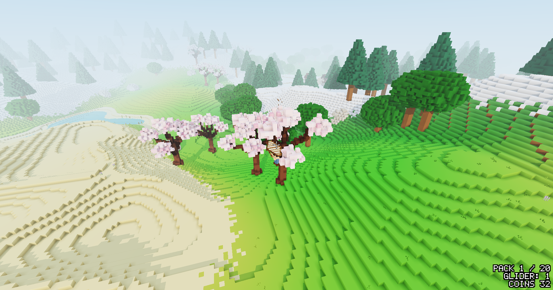 Sakura trees in blossom on green terraced hills above sandy ground, with oaks and snowy pine slopes behind, seen from the air.