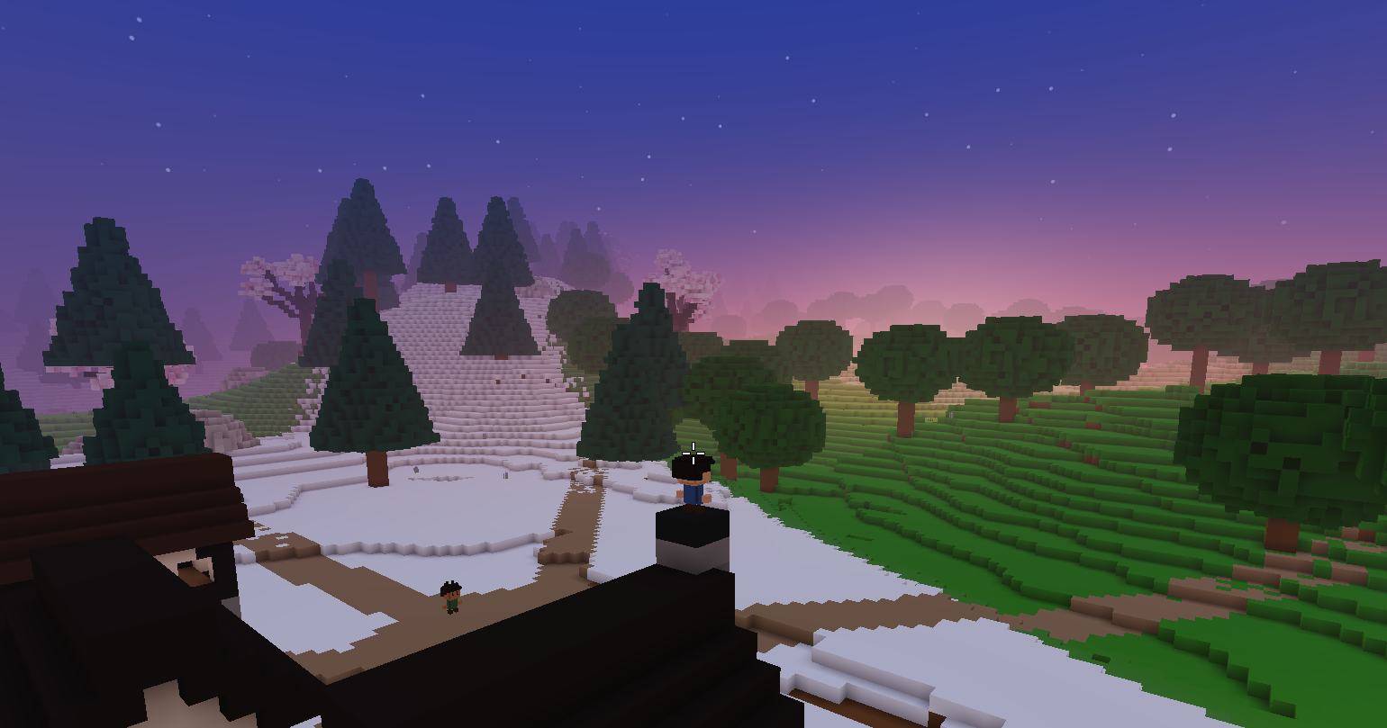 Dusk over the same hills: a deep blue sky with the first stars and a pink glow along the horizon.