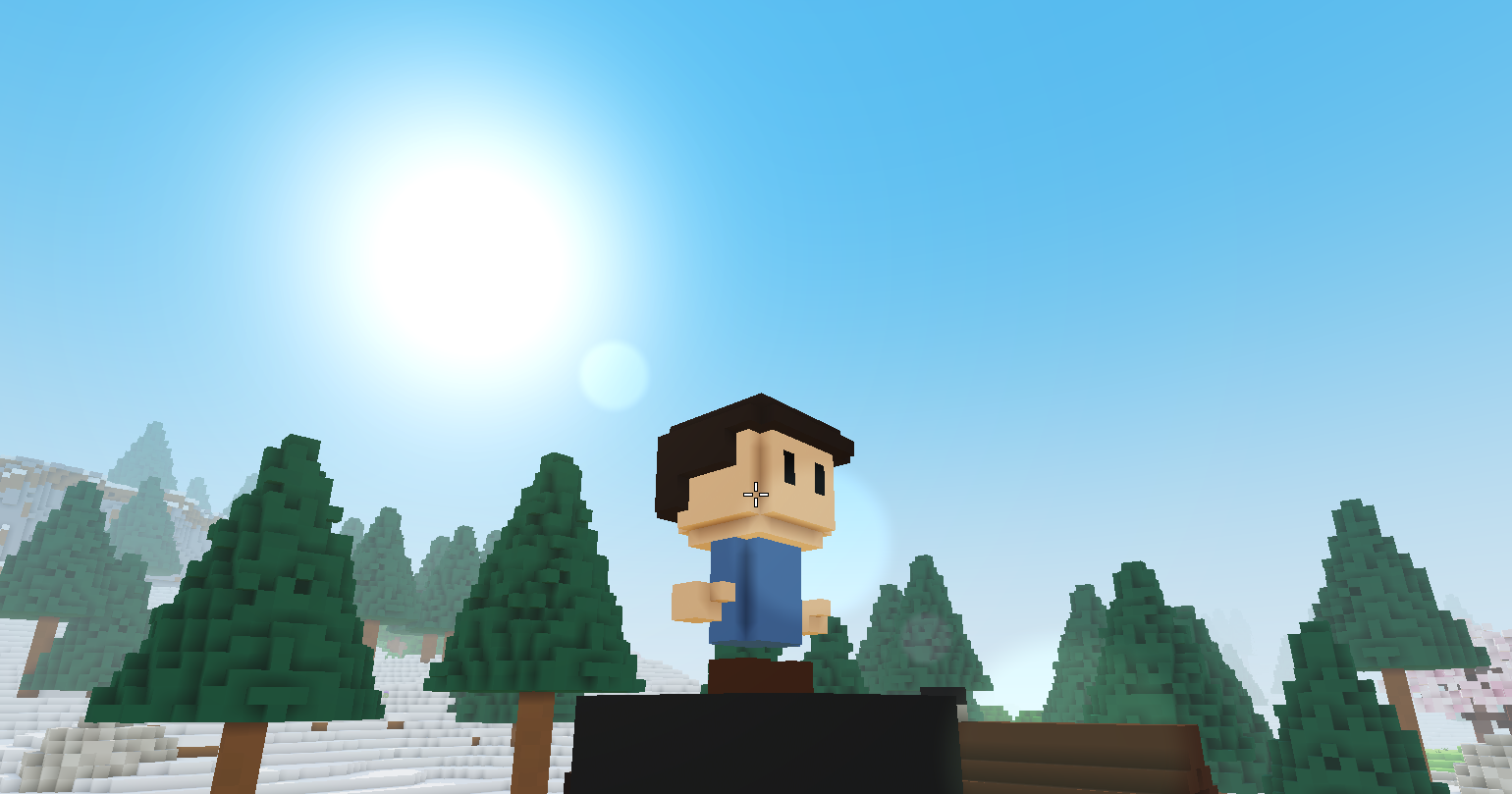 Midday under a bright blue sky, the sun high and haloed above the player on a chimney top among pines.