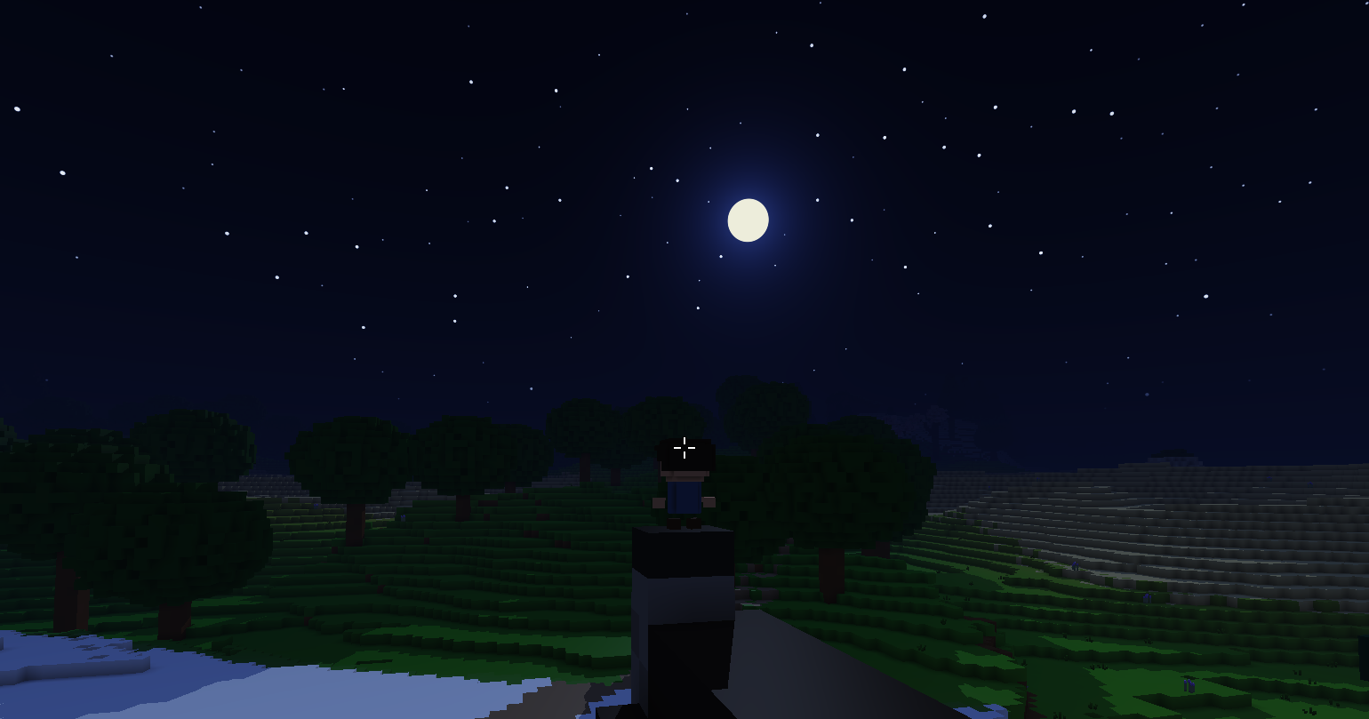Night: a full moon and stars over dark trees and snow lit a pale blue.