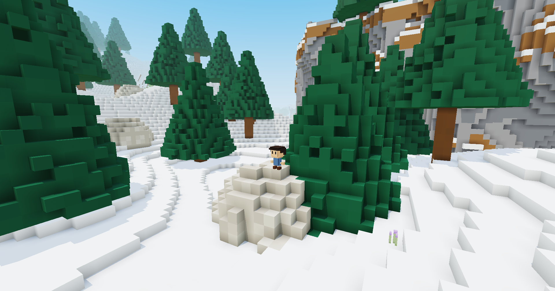The player standing on a pale boulder in the snow beside a tall pine, with more pines, a snowy slope and a grey and orange cliff behind.