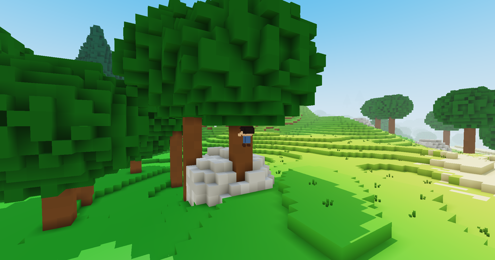 An oak's trunk rising out of a pale boulder on a grassy hillside, the player clinging to the trunk under the leaves, with more oaks and green terraces behind.
