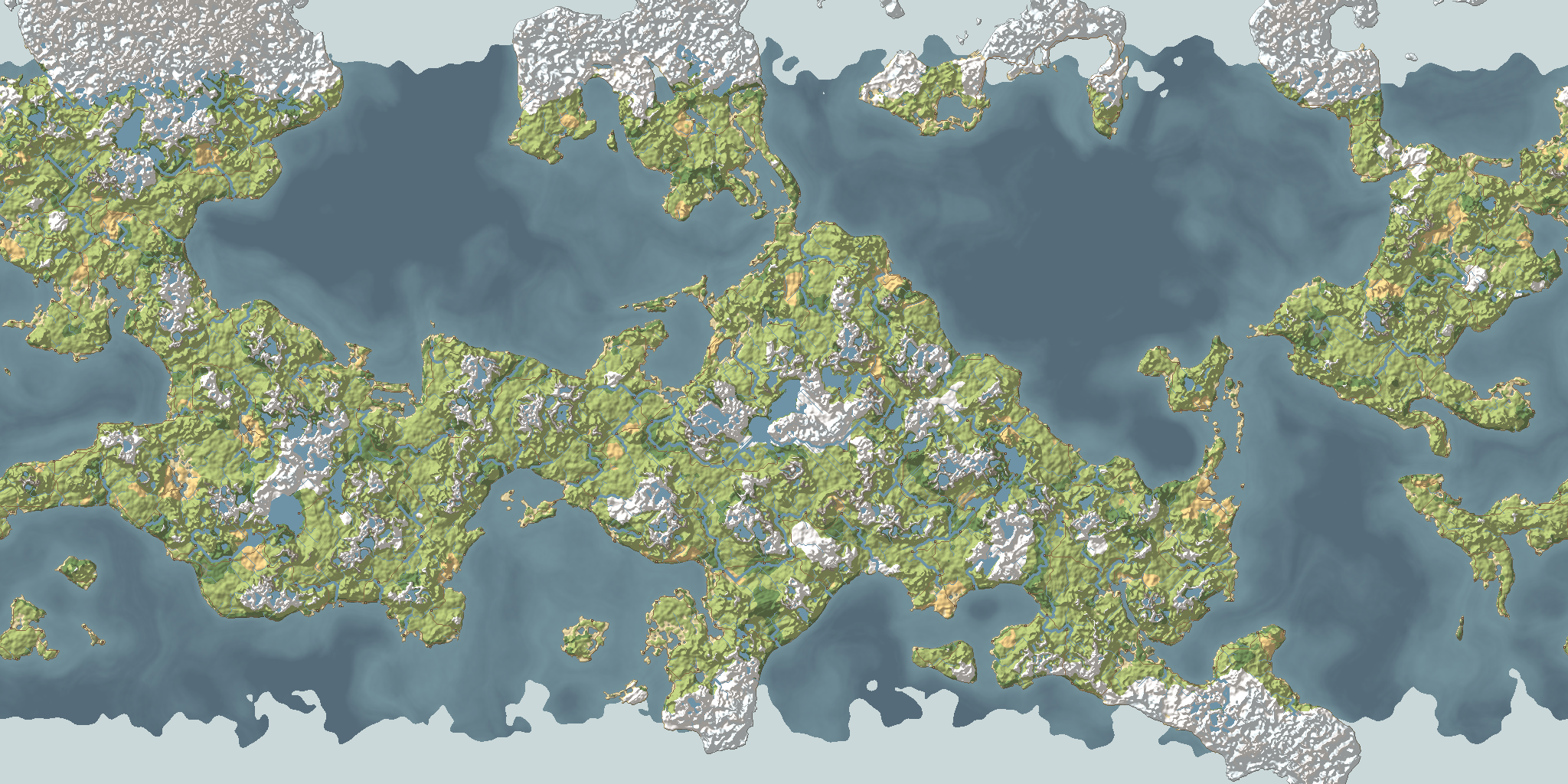 A world map seen from above: a big green continent across the middle with snowy peaks, lakes and thin blue rivers, smaller lands and scattered islands in a dark blue sea, and pale ice along the top and bottom.