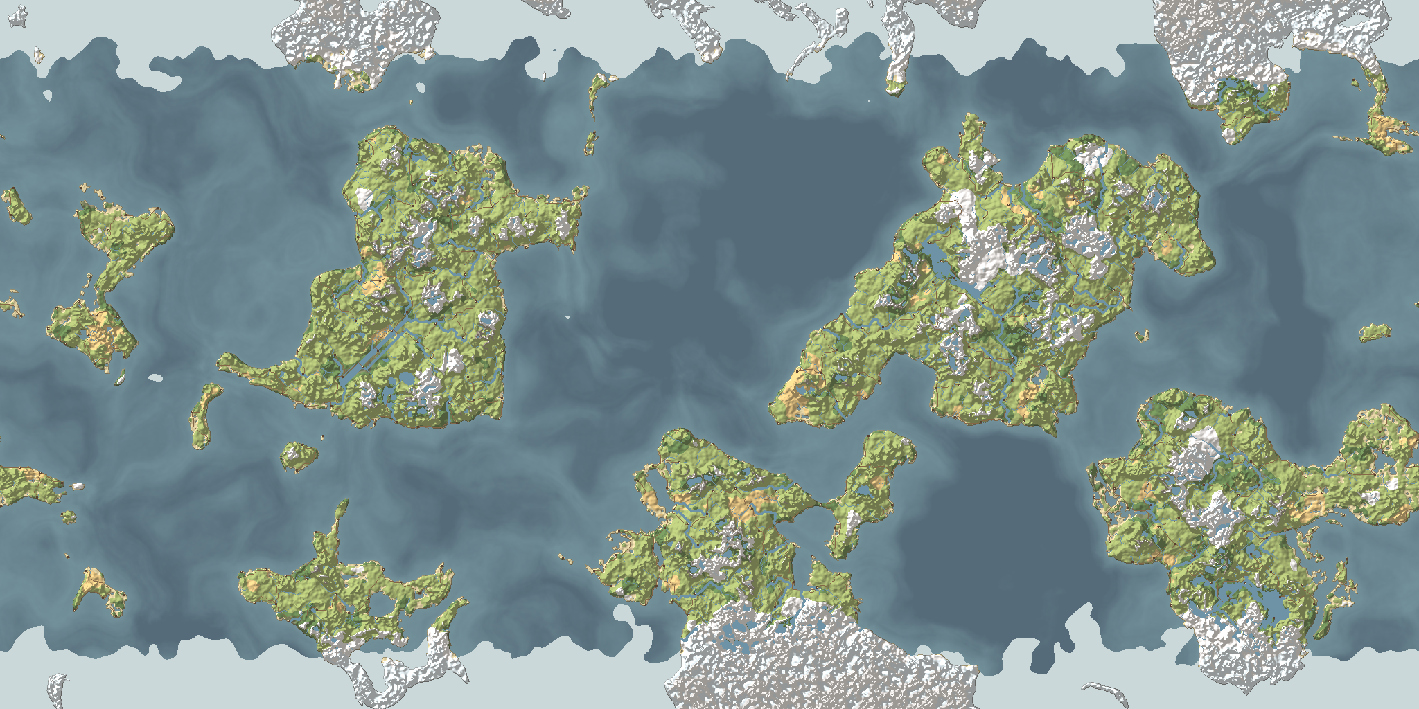 Another world from a different seed: several mid-sized lands and small islands across a dark blue sea, with pale ice along the top and bottom.