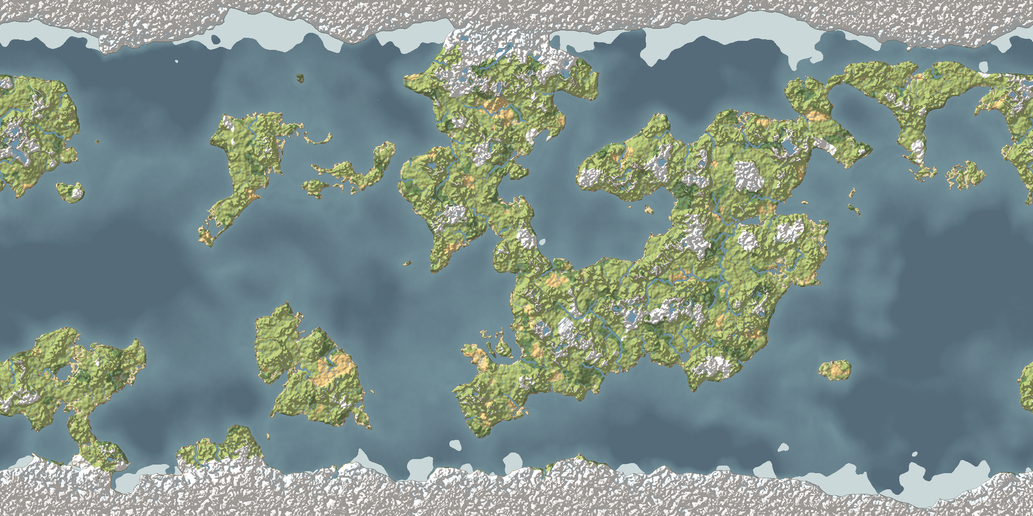 A third world: polar land at top and bottom, and between them one big continent in the middle with smaller lands to either side.