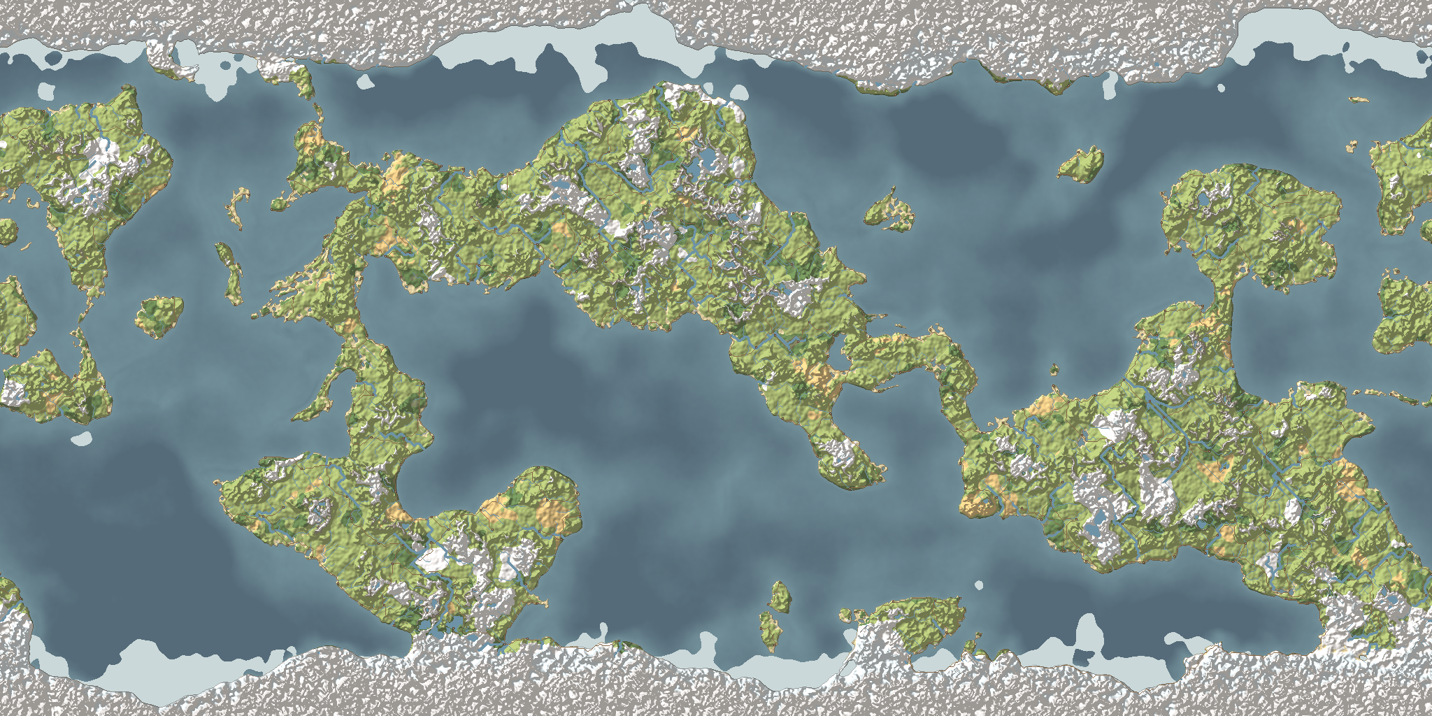 A fourth world: a long continent curving across the middle of the sea, with islands scattered around it.