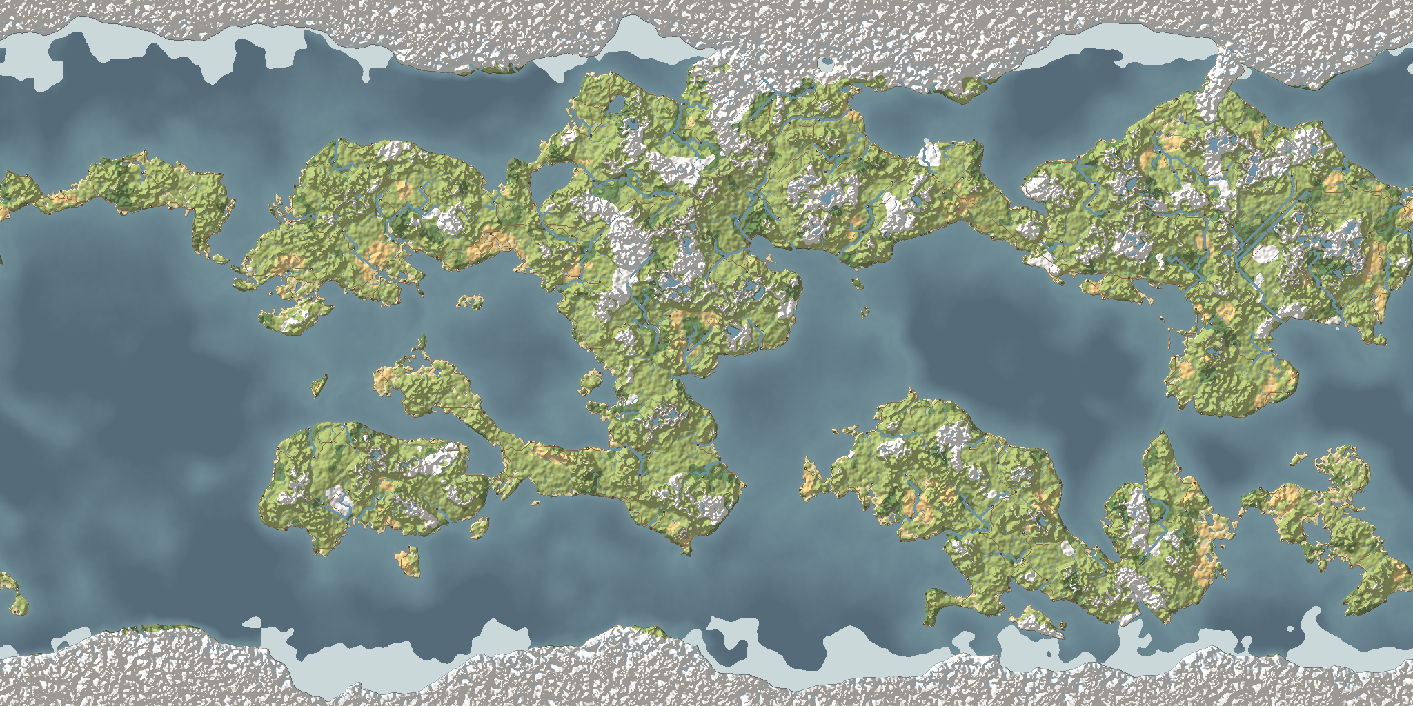 A world map: grey and white polar land along the top and bottom, a band of pale icy sea just inside each, and green continents with grey peaks spread across a dark blue sea between them.