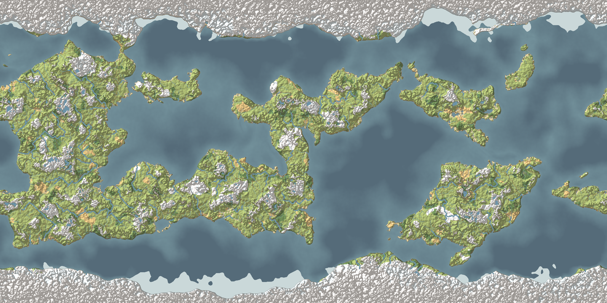 Another world from a different seed: the same polar land and icy bands at top and bottom, and between them broad green lands with solid interiors and ragged coasts.