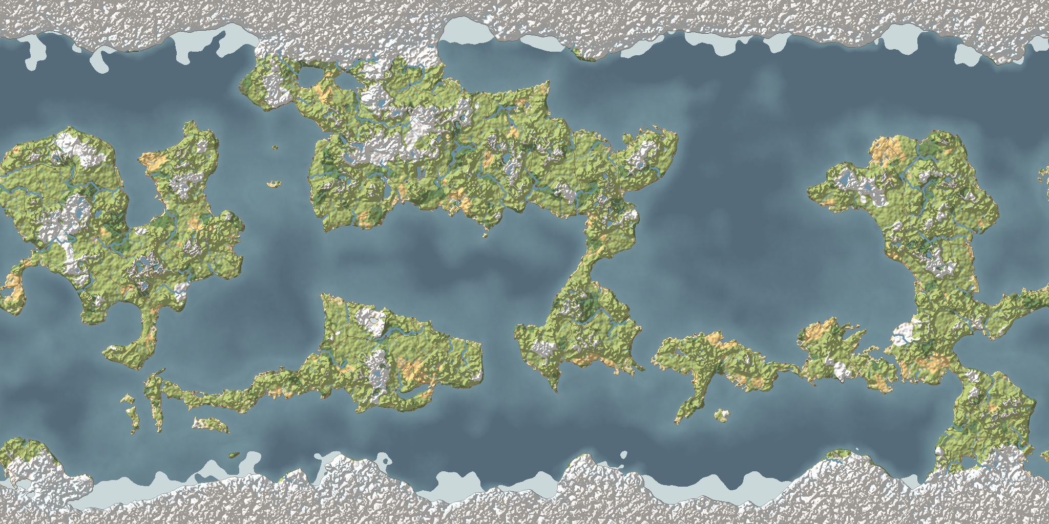 A fifth world: several mid-sized lands spread across the sea between the polar bands.