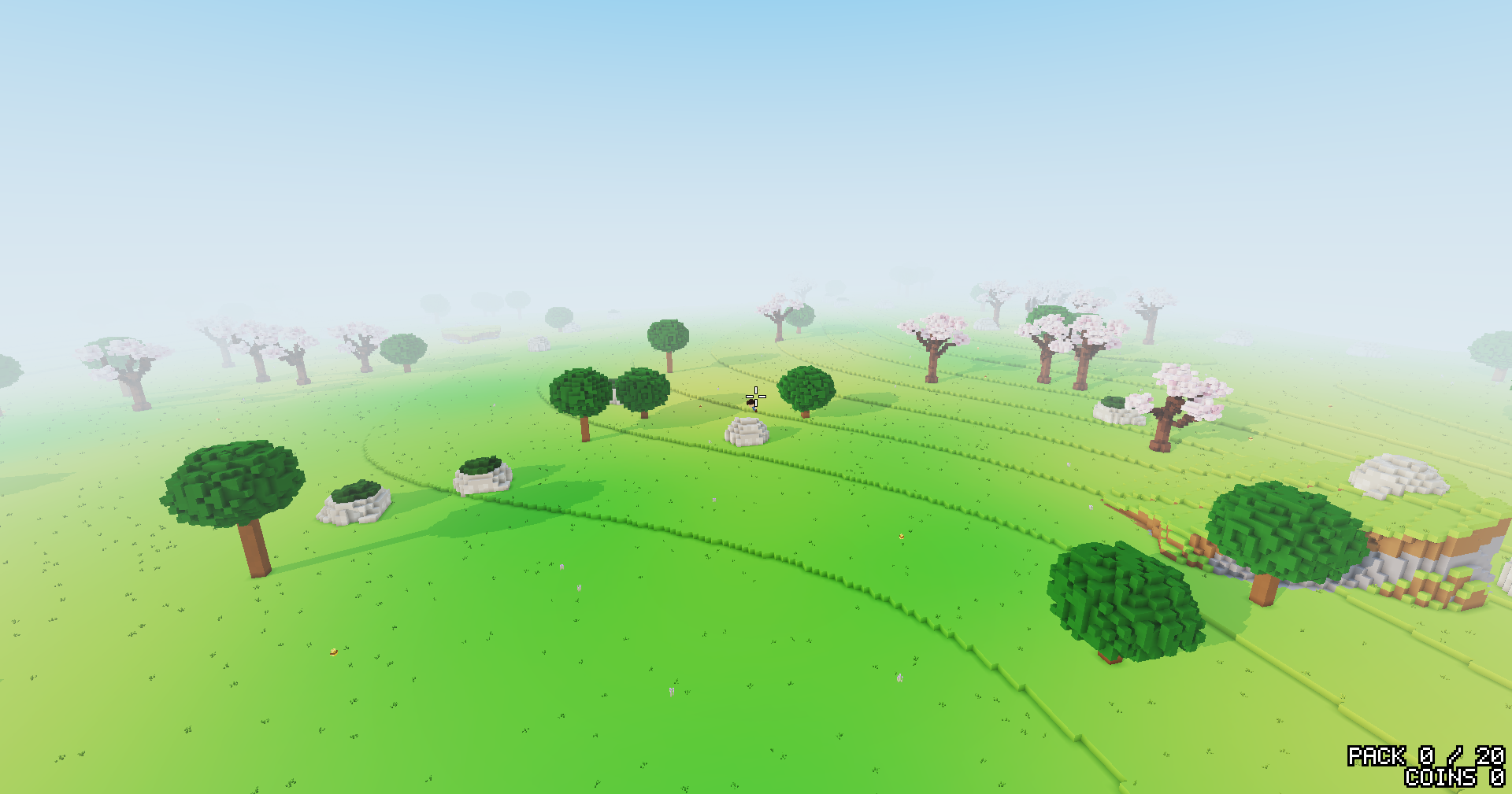 A wide, flat grassland under a pale sky, with scattered oaks, sakura trees and boulders, and long faint terrace lines running across it.