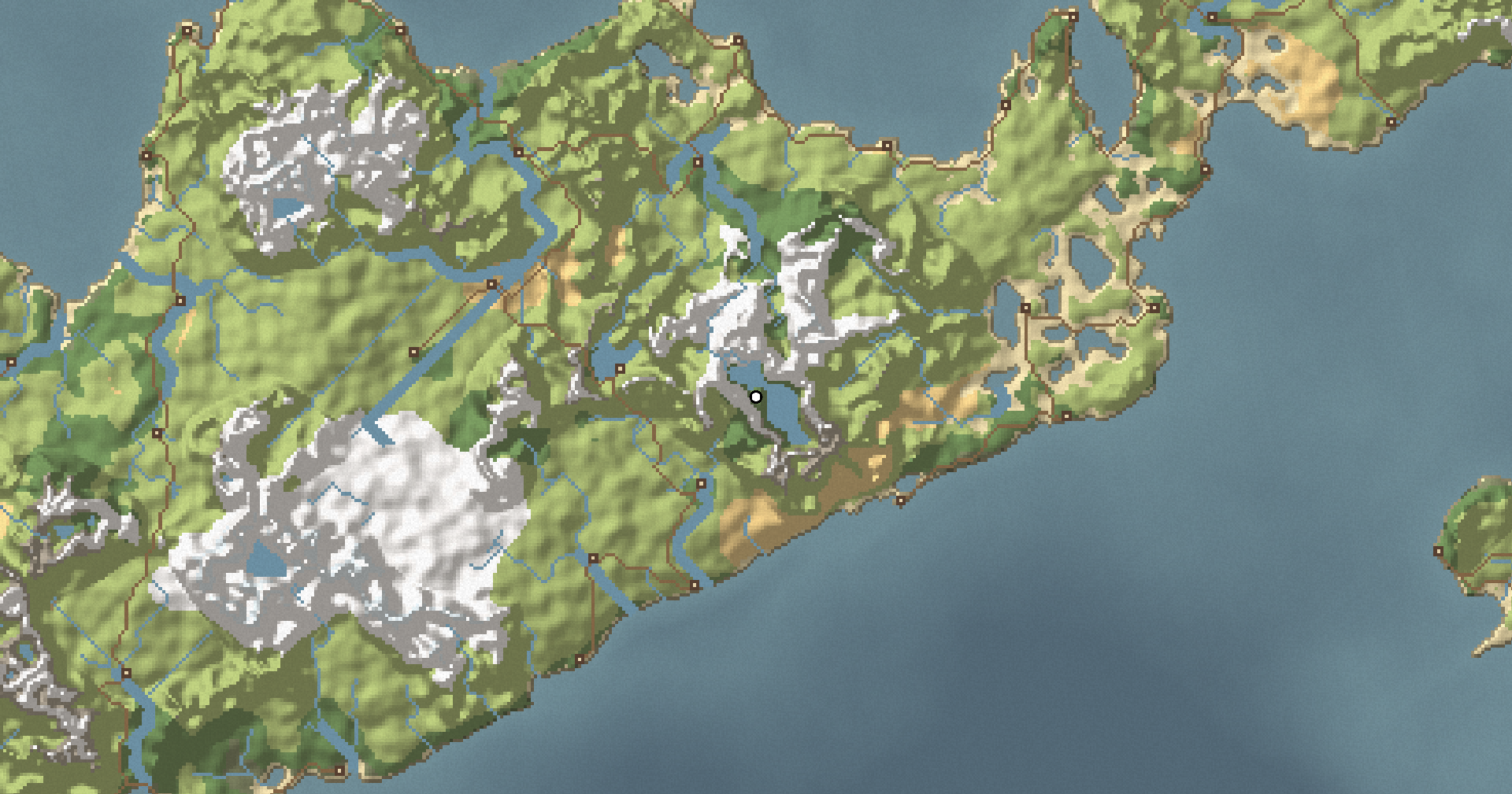 The map screen: green land with snowy peaks, blue rivers and lakes, brown roads joining small town markers, the sea to the south, and a white marker showing where the player stands.
