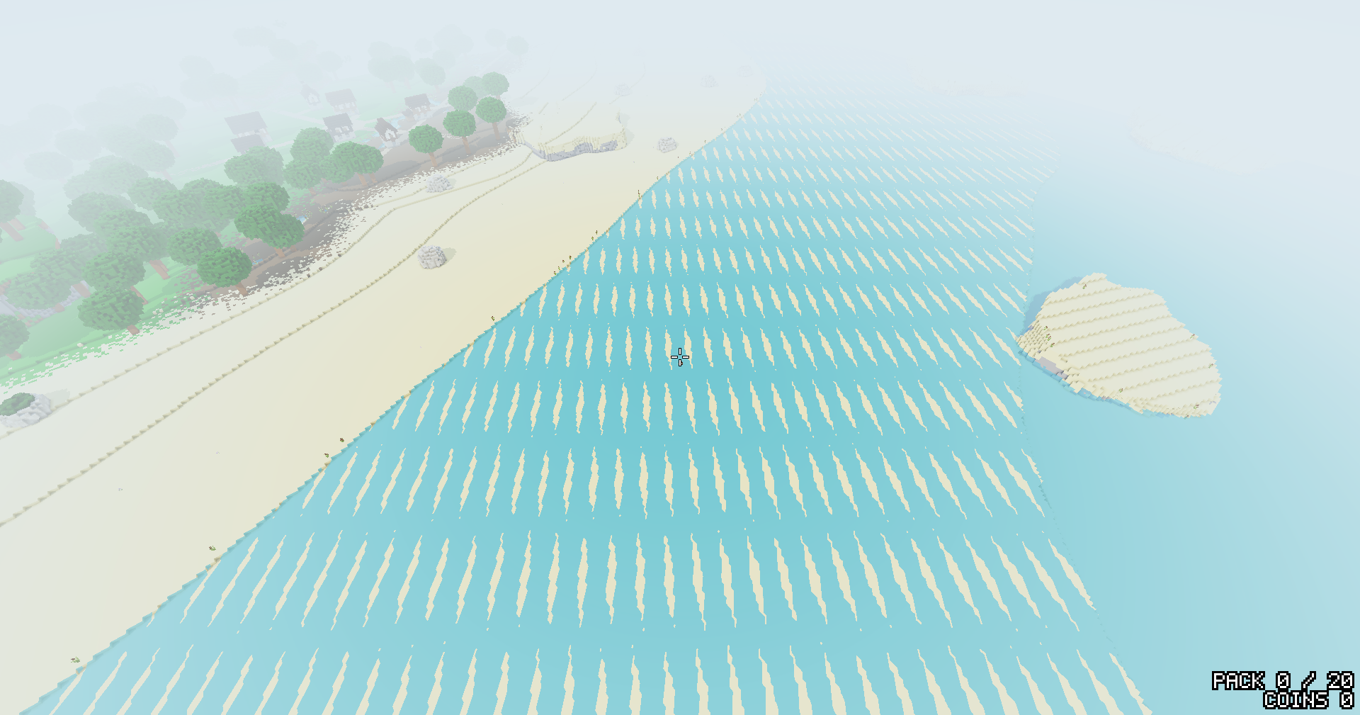 Before the fix: a shallow sea seen from above, rows of sandy sea floor poking up through the water in regular streaks, a beach and trees along the left.