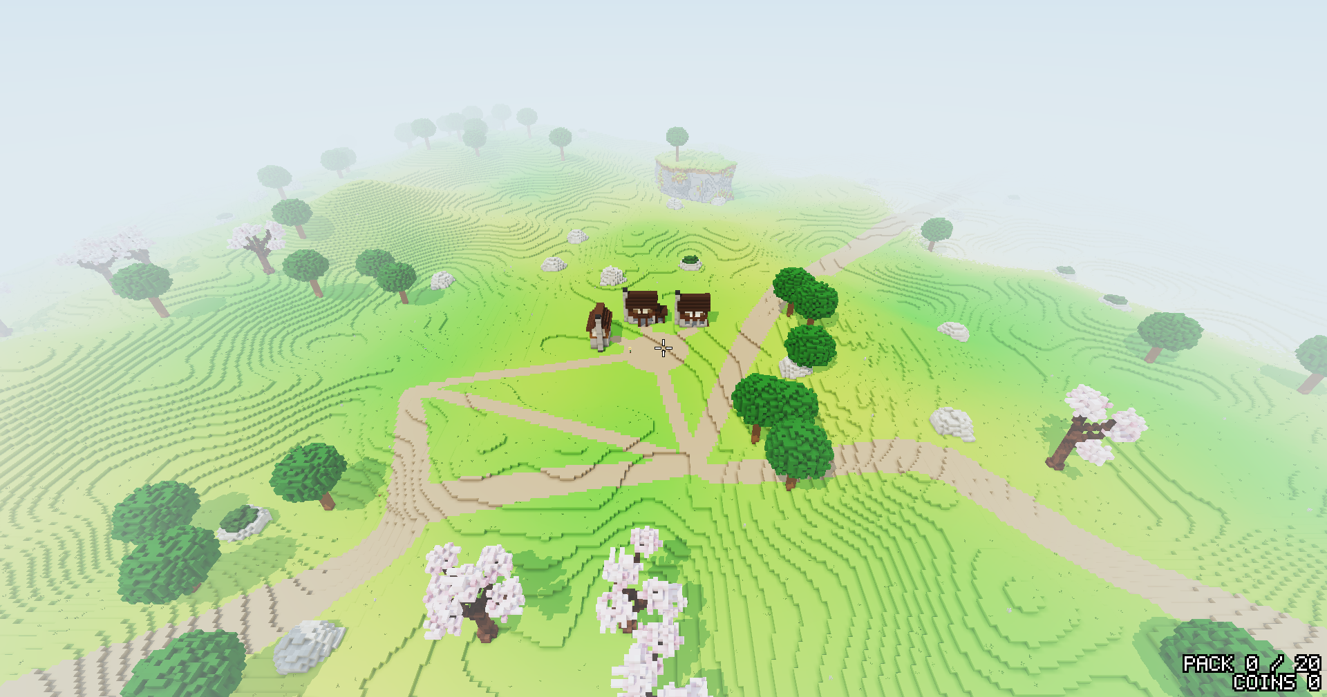 Seen from high above, wide dirt roads across rolling grassland narrow and branch into a small town's streets, with oaks and sakura trees around it.