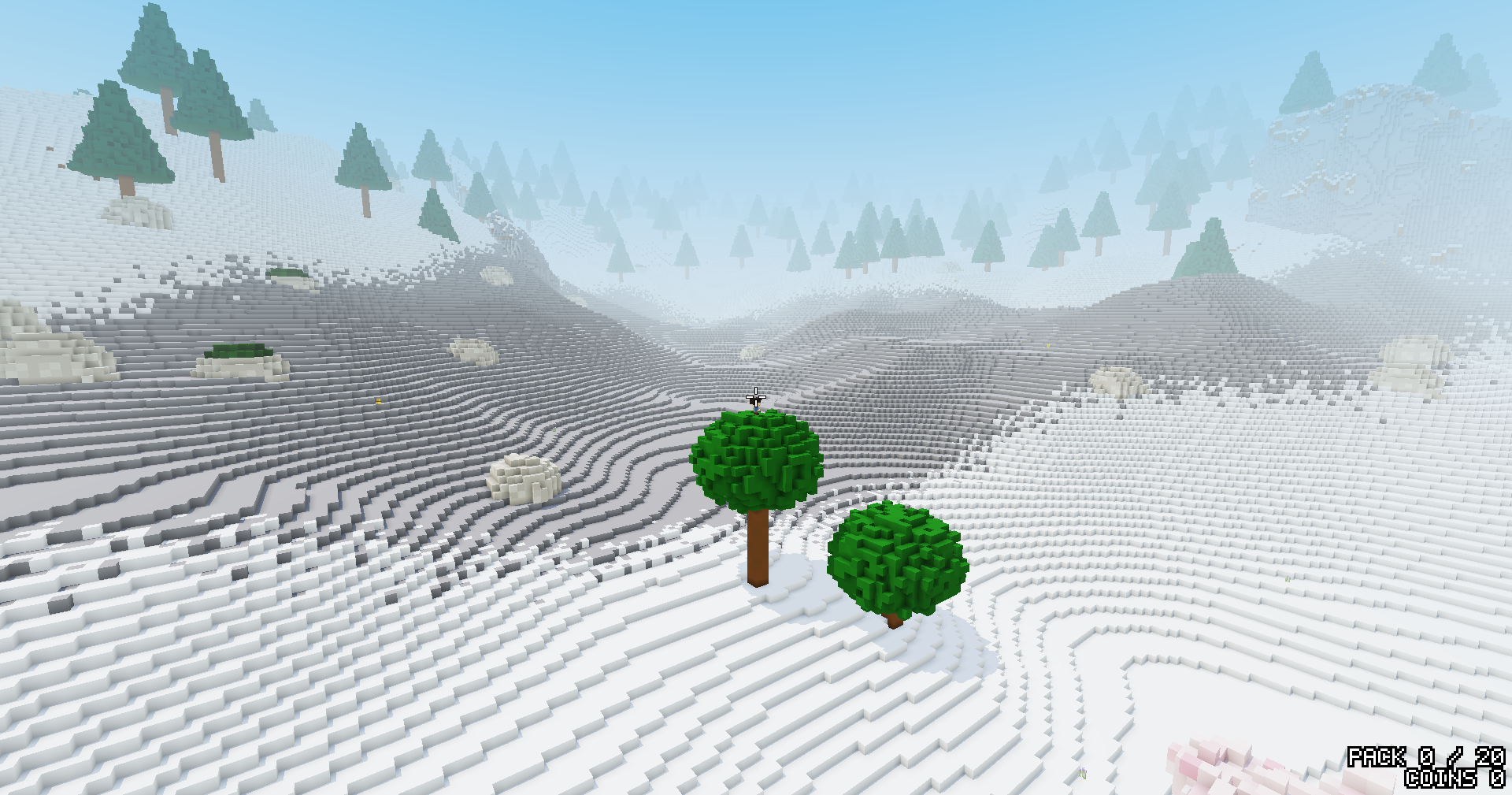 Rougher snowy land: white slopes rippling into hills and ridges, pines in the haze beyond, and a pair of oaks in front.