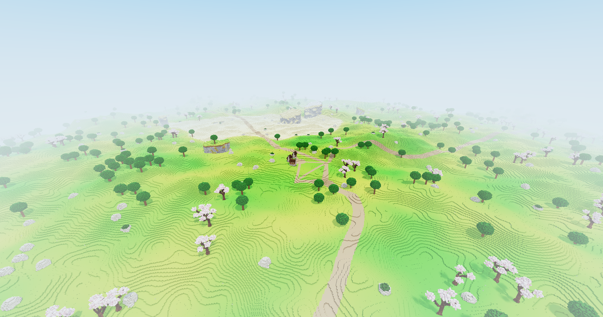 Seen from high above, rolling green land dotted with oaks, sakura trees and boulders, a dirt road winding through it, reaching far off into a pale haze.