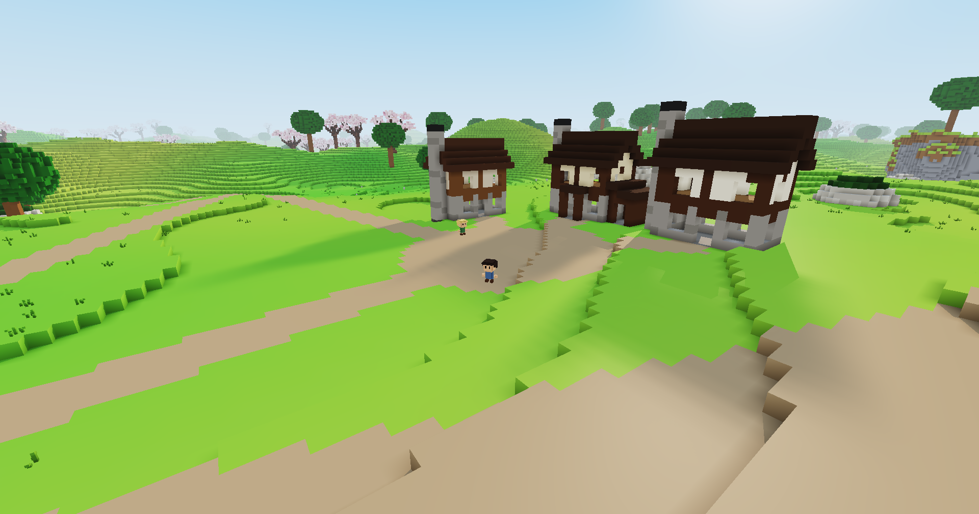 Three timbered houses beside dirt roads in the late afternoon, their long shadows stretching across the grass and road toward the camera, sharp by the walls and blurring toward their far ends.