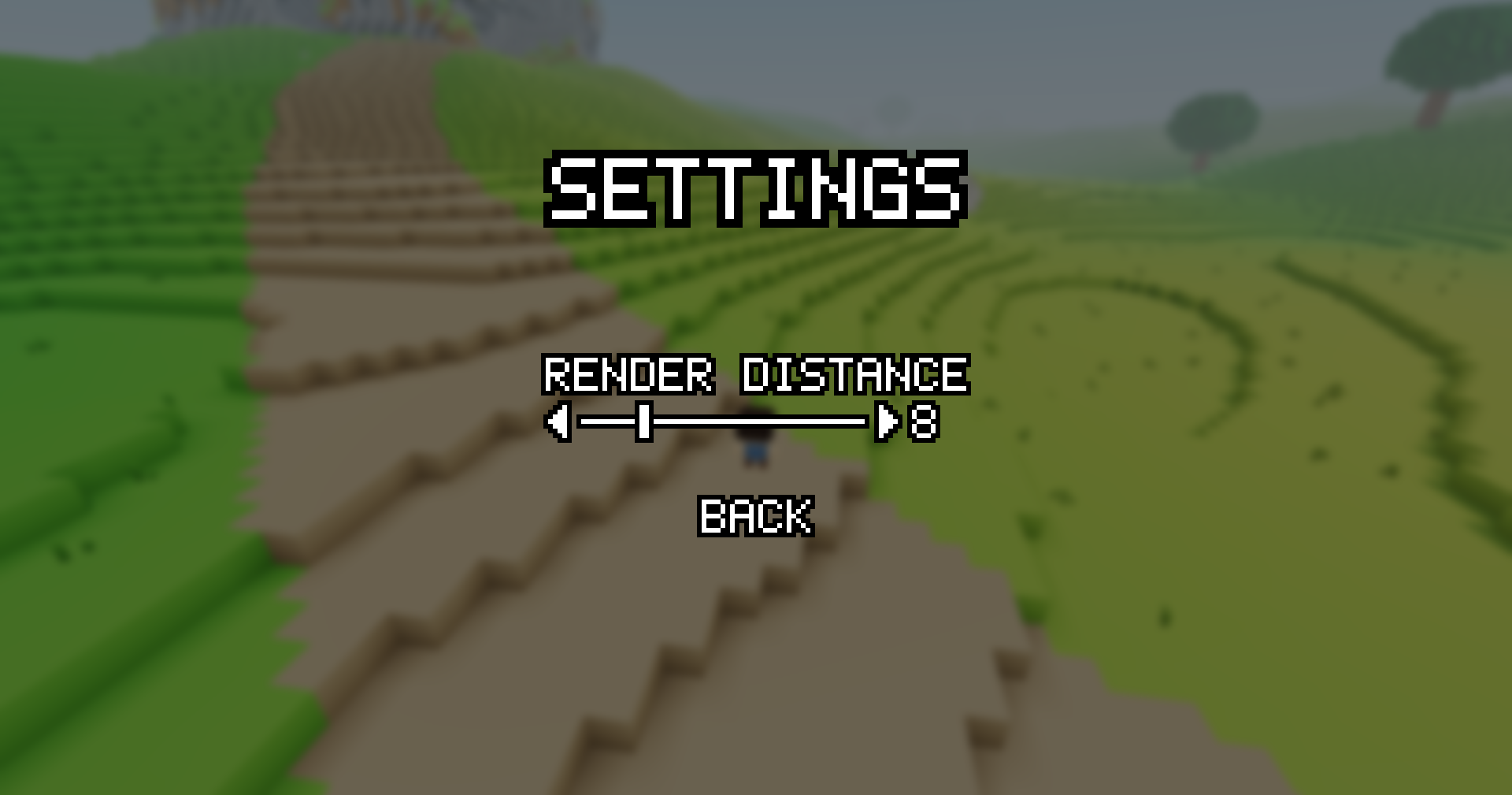 The Settings screen over a dimmed, blurred view of the world: a Render Distance row with a slider between two arrows, and Back below it.