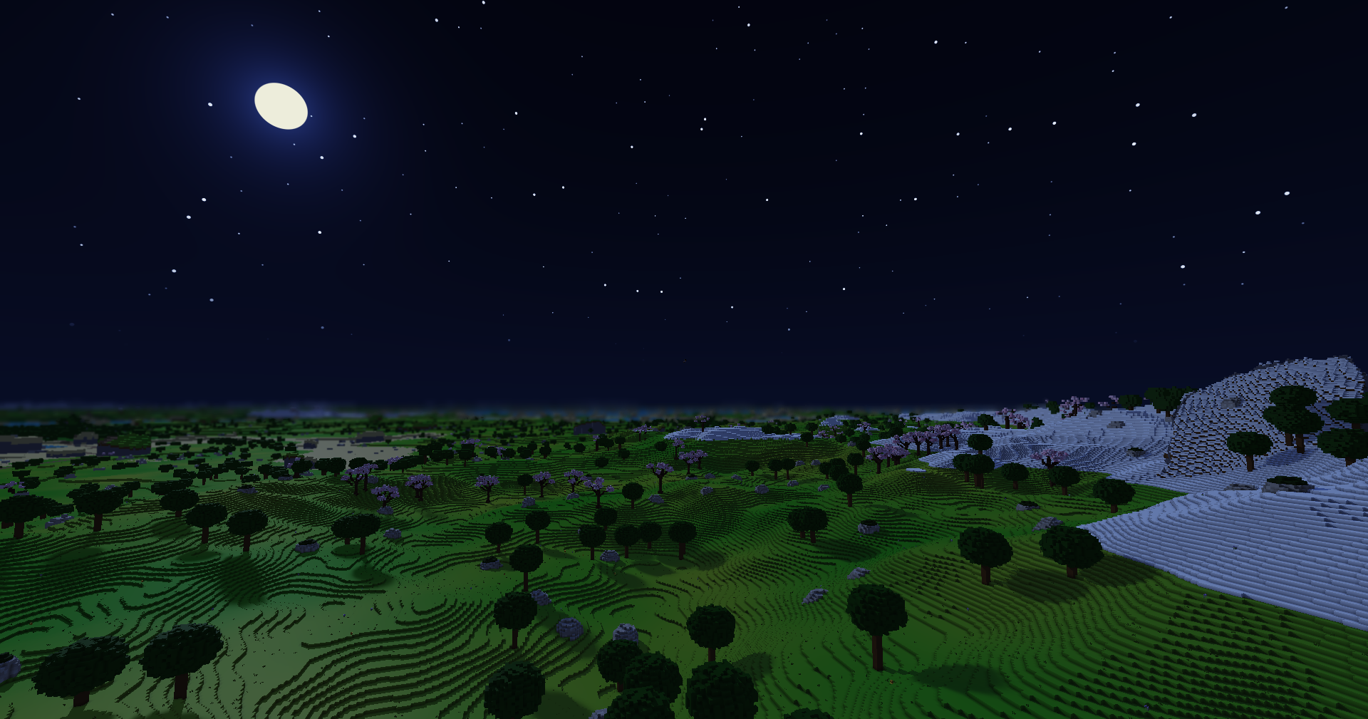 Moonlit grassland at night, oaks and sakura trees across rolling hills and a snowy slope to the right, under a dark sky full of crisp stars and a bright moon.