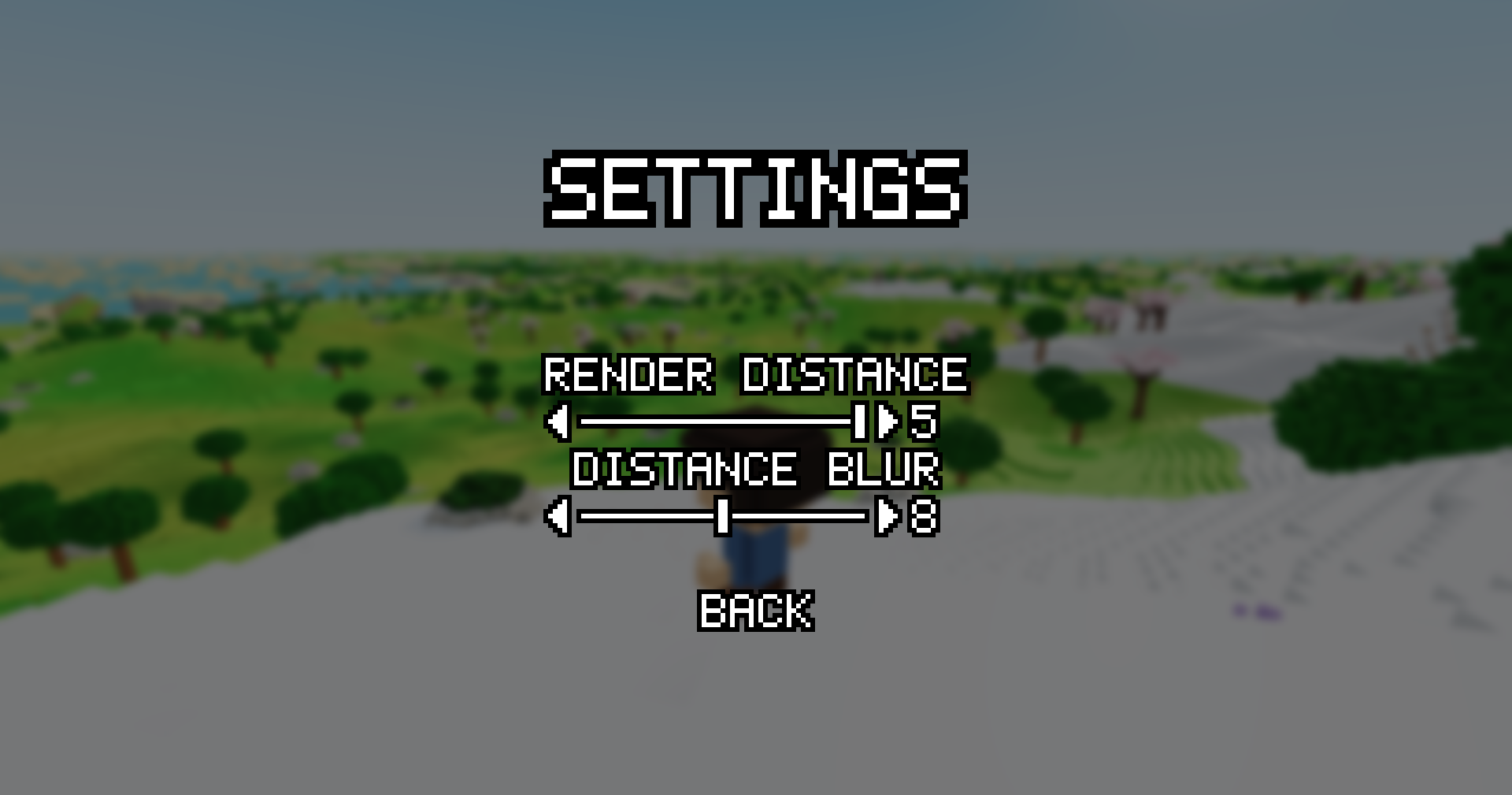 The Settings screen over a blurred view of the hills: a Render Distance slider, a new Distance Blur slider below it, and Back.
